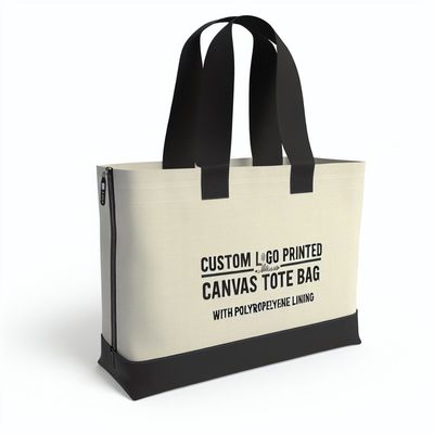 Custom Logo Printed Zippered Canvas Tote Bag Met PP Lining Voor Gepersonaliseerde Winkelen
